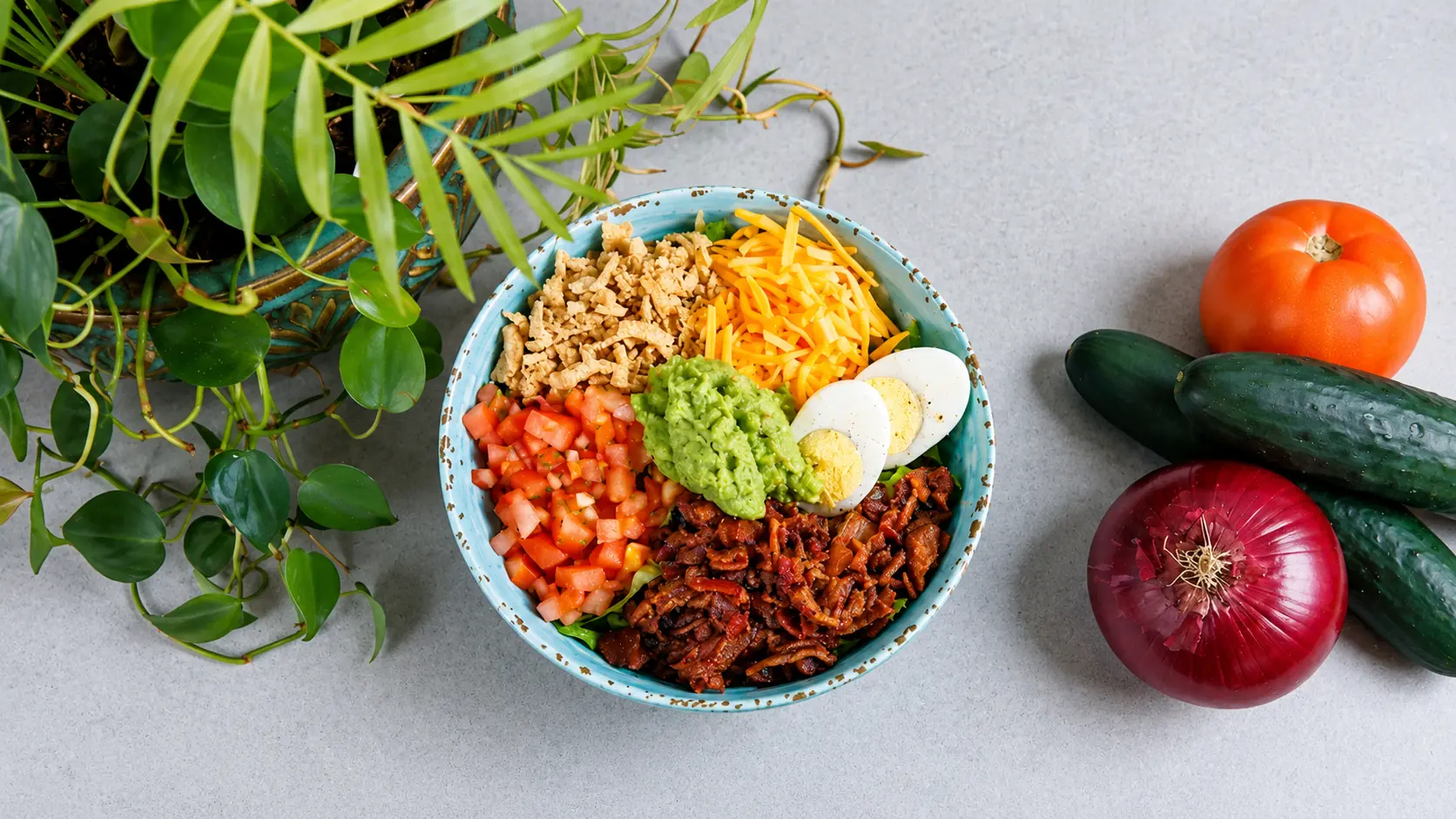 Blender Bar bowl with tomato, cheddar, egg, guacamole and bacon